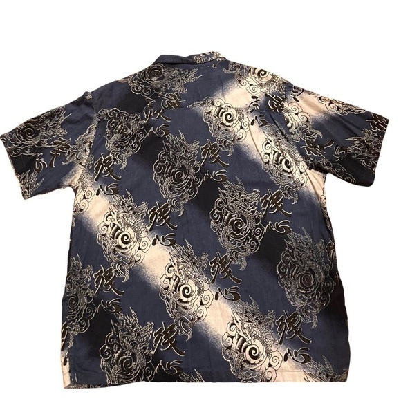 Y2K Utility Dragon Button Up Shirt XL Blue Cotton Rayon Asian Graphic - Picture 4 of 7